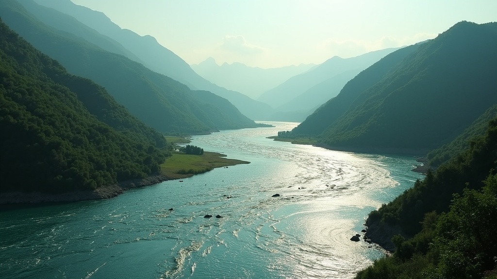 A tranquil river curving through green mountains under soft sunlight, expressing flow and natural movement.
