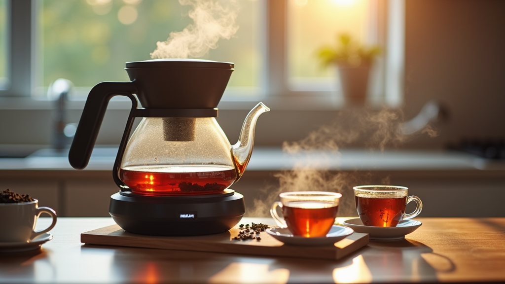 A modern smart tea brewing device on a kitchen counter with clear glass teapot, fresh tea leaves and cups, surrounded by steam and ambient light.