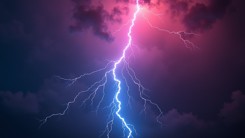 Bold, stylized lightning bolt, vivid colors, high-energy background