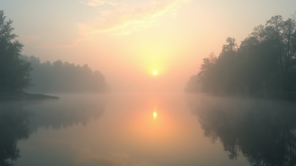 Calm sunrise landscape with mist, symbolizing peace and presence