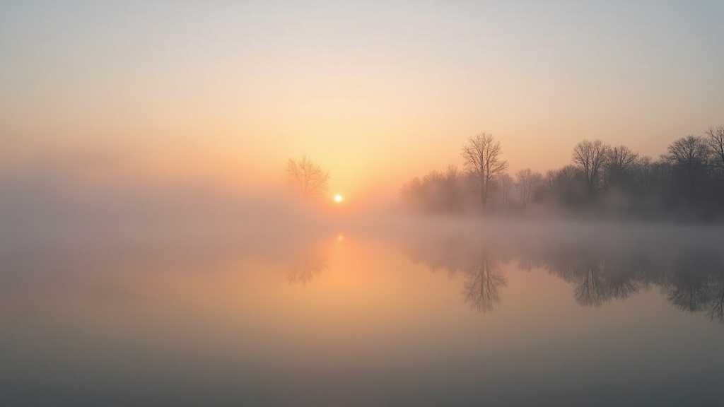 A tranquil sunrise over a calm lake, with mist gently rolling across the water and a few trees reflected in the still surface. The scene evokes a feeling of calm and mindfulness.
