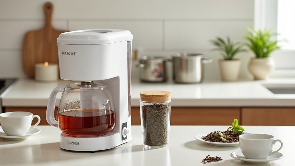 Razorri Premio Electric Tea Maker on kitchen counter with tea cups and loose-leaf jars