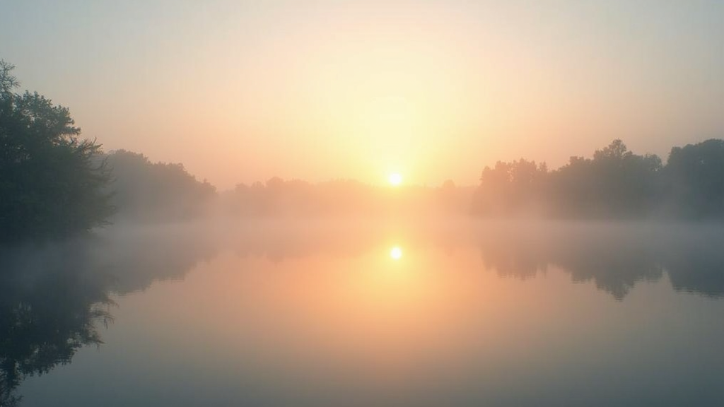 Calm still lake sunrise with mist and gentle light, evoking peace and present moment awareness in nature