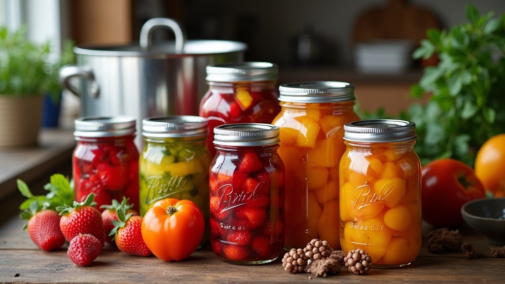 A selection of colorful mason jars filled with homemade canned fruits and vegetables, lids sealed, displayed next to a large water bath canning pot on a kitchen countertop.