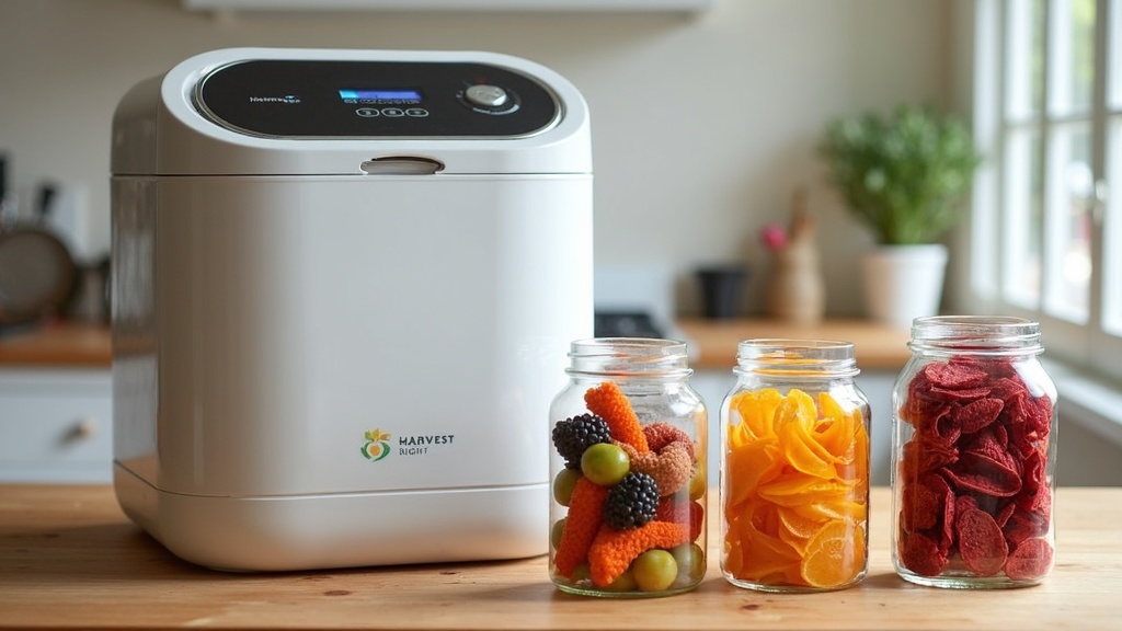 A Harvest Right Freeze Dryer in a home kitchen, with jars of colorful freeze-dried fruits and vegetables on the counter.