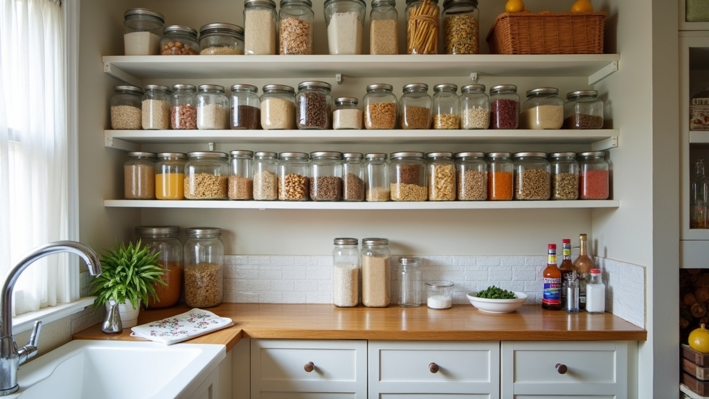 organized pantry shelves with various dry goods and canned foods, bright natural lighting