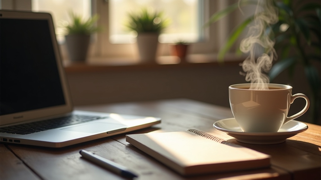 An inviting workspace with a notebook, laptop, and coffee, perfect for affiliate marketing for writers