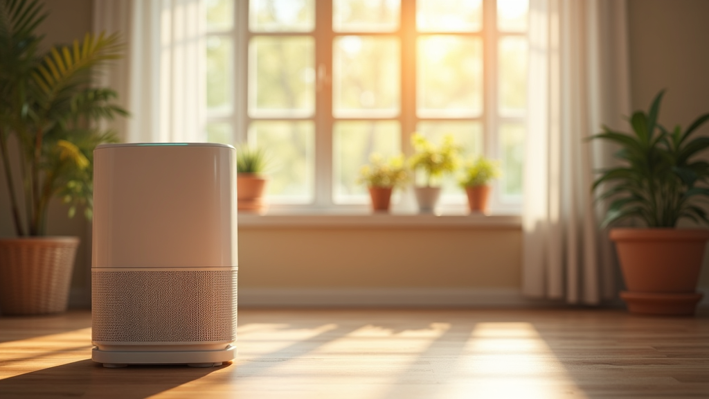 Clean, sunlit home interior featuring an air purifier and filtered sunlight.