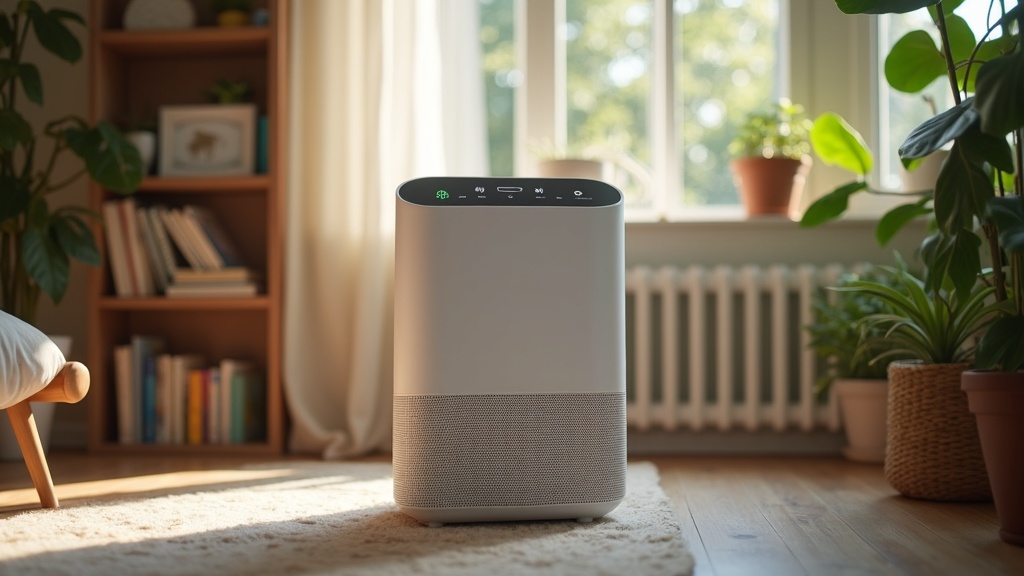A modern, sleek smart air purifier in a cozy family living room, surrounded by bookshelves, houseplants, and soft natural lighting. The device features a digital display showing air quality and WiFi symbols.