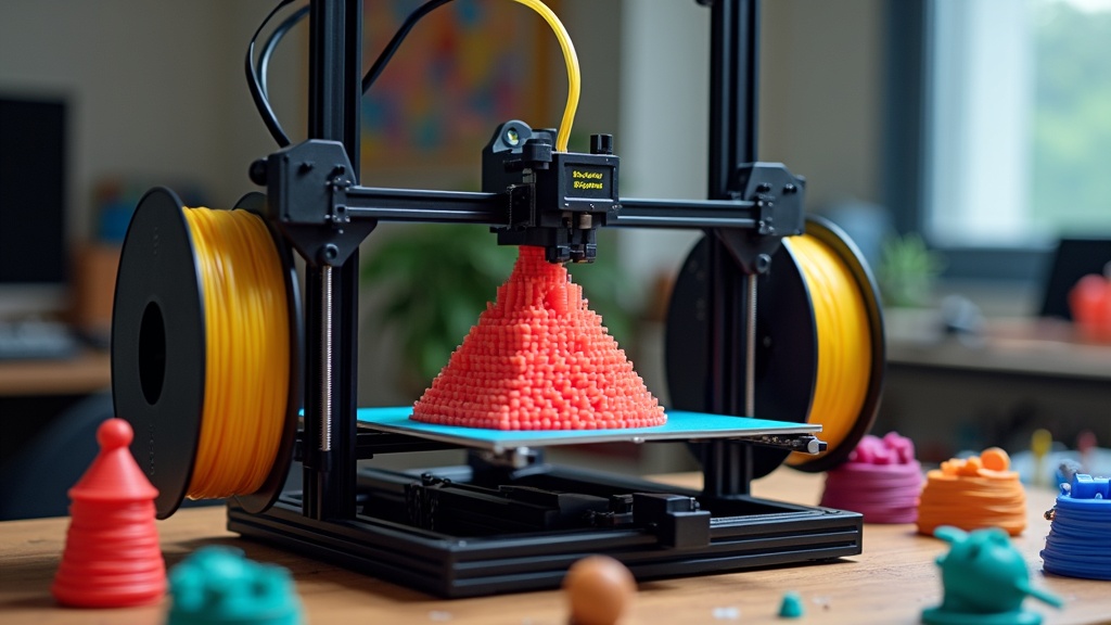An up-close photo of a multicolor 3D printer with a vibrant, detailed vase in multiple colors on the print bed.