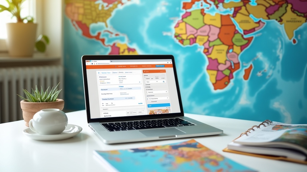 Travel business digital concept, vacation planning, beach, and laptop with travel agent supplies