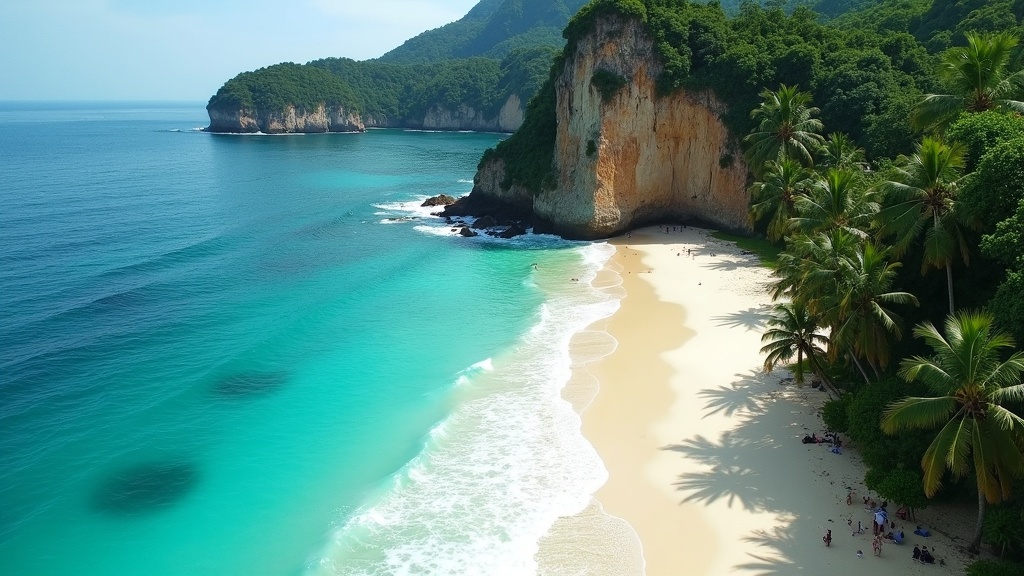 A scenic photo of a turquoise Balinese beach, lined with palm trees and soft white sand, surrounded by cliffs and clear sky.