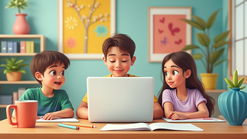 Colorful home workspace with a cozy family atmosphere, open laptop, coffee mug, cheerful décor, and children’s drawings in the background.