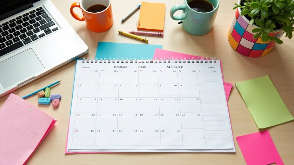 A colorful, hand-drawn calendar on a kitchen table, surrounded by family life objects like coffee mugs, crayons, and a laptop. A phone shows a digital calendar app in the background.
