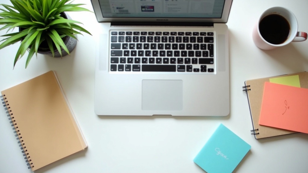 A colorful flat lay of a laptop, notepad, coffee mug, and plant on a tidy desk with soft natural lighting