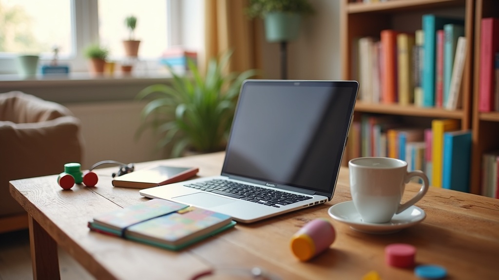 colorful desk with books, coffee, and laptop, showing a cozy blogging setup, with children's toys in the background