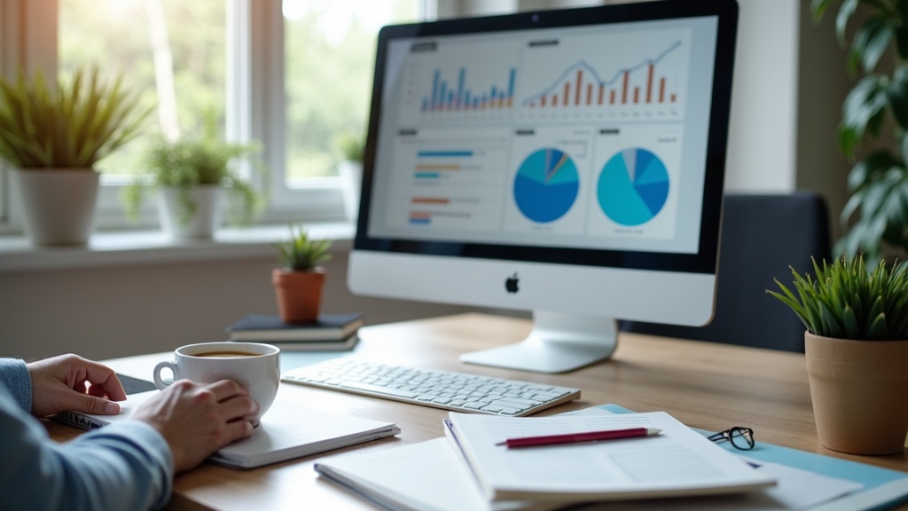 A modern workspace showing a computer screen with analytics, notepads, a cup of coffee, and soft light, inspired by the idea of affiliate marketing research and learning.