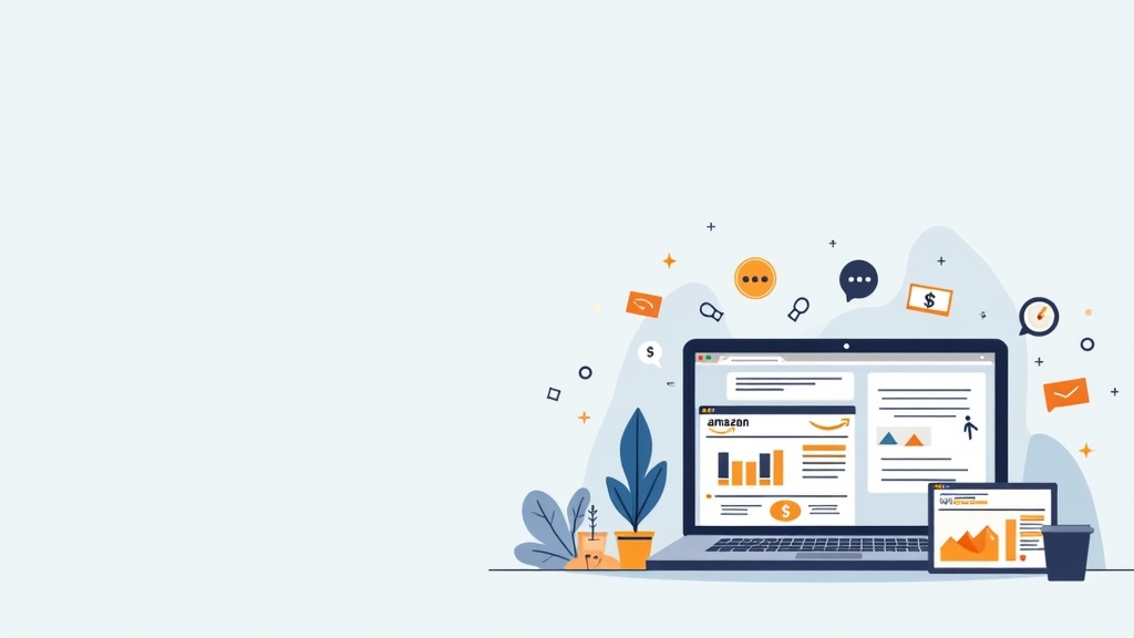 Amazon Associates vs. ShareASale comparison graphic featuring laptops, shopping icons, and affiliate link symbols on a neutral desk background