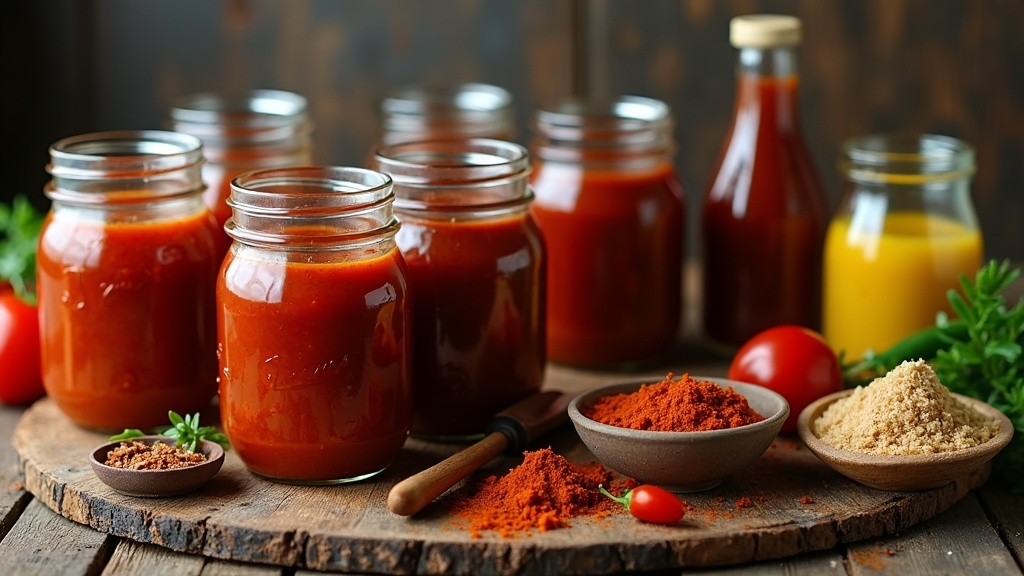 A rustic table set with an array of homemade BBQ sauces in jars with fresh ingredients like tomatoes, vinegar, mustard, brown sugar, peppers, and spices scattered nearby.