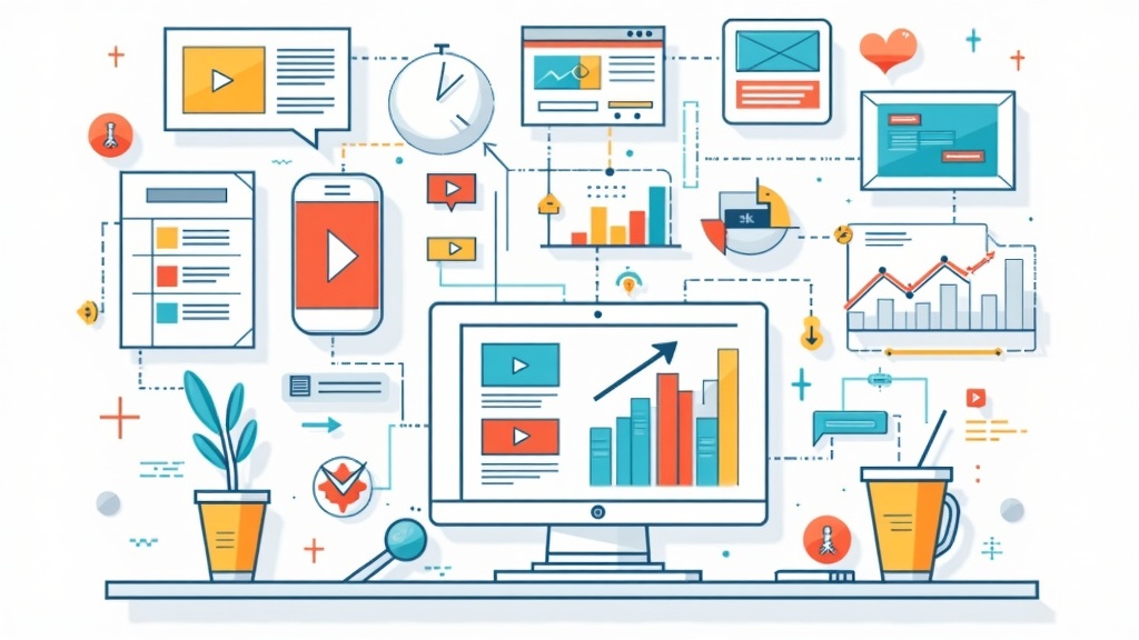 A colorful flat-lay illustration of various types of digital content, including blogs, video thumbnails, social media icons, and analytics graphs, all connected by dotted lines and arrows. The scene shows a desk full of digital and print content tools, as if planning an affiliate content campaign.