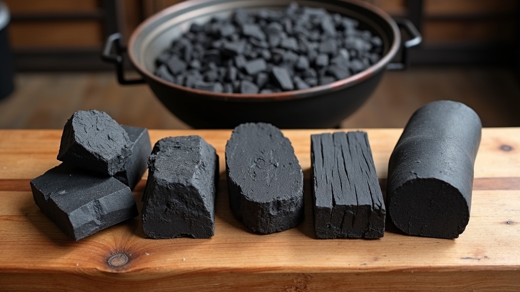 Assorted charcoals for grilling including lump charcoal, briquettes, and Japanese binchotan on a wooden table with a grill in the background.
