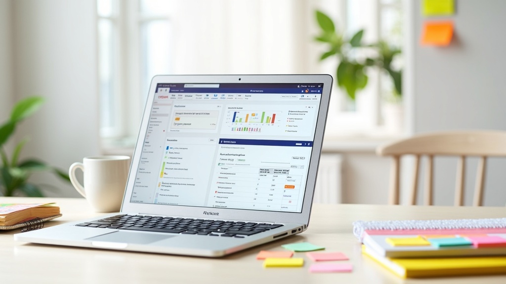 A computer showing affiliate marketing dashboards, open keyword research tools, and a notepad with niche ideas, on a clean desk.