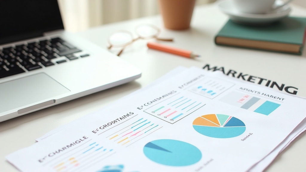 A stylized workspace with a laptop, paper, and market research charts for affiliate marketing niche planning