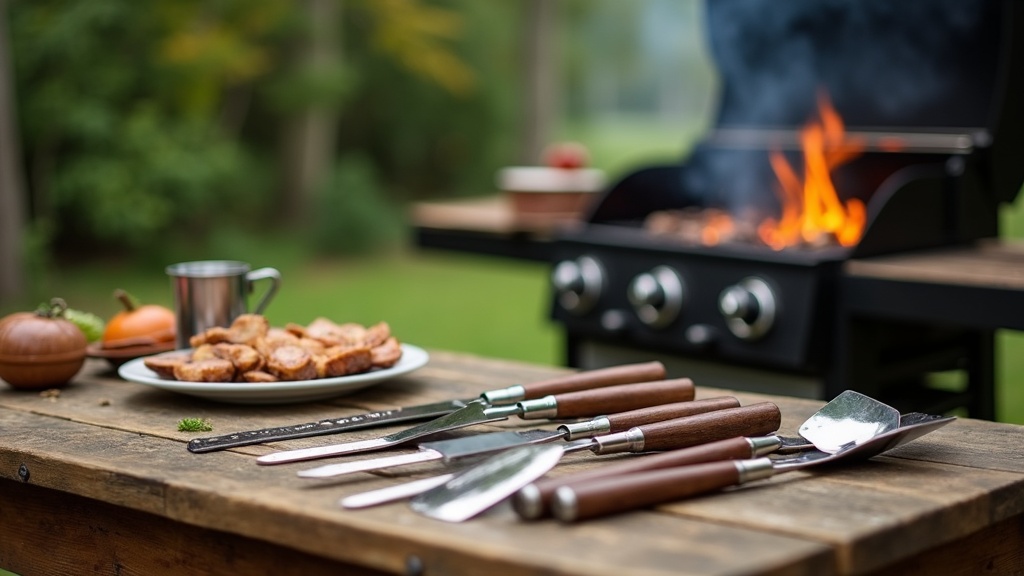 premium grill accessories on a rustic wooden table beside a basic set of grilling tools, with a smoky grill in the background