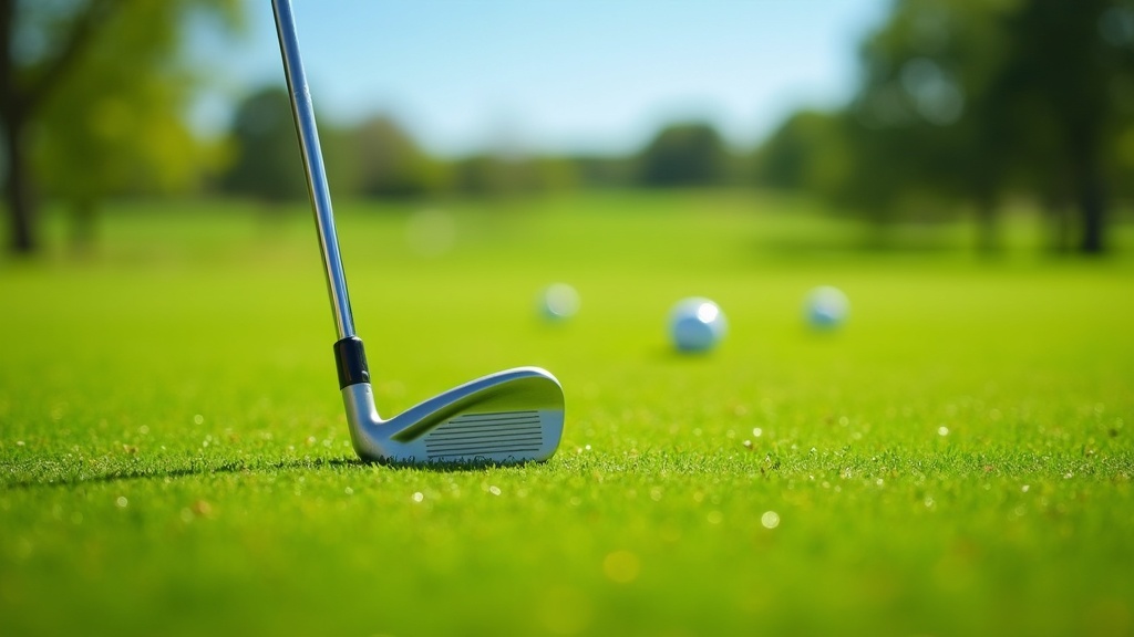 A single mid-iron golf club resting on lush fairway grass with golf balls scattered around on a bright day