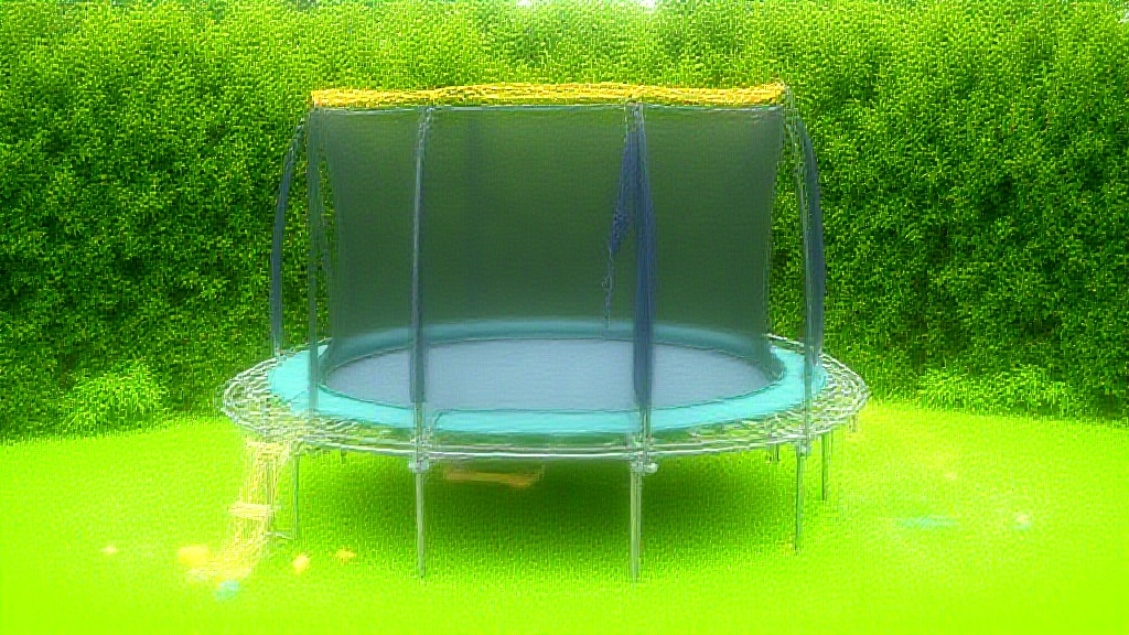 A backyard trampoline surrounded by fun accessories like a colorful enclosure net, basketball hoop, climbing ladder, and bright ball pit balls scattered around. Trampoline toy accessories are on the ground nearby. A lush green lawn and garden backdrop.