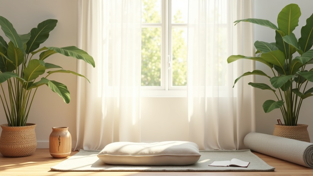 A peaceful room with soft natural lighting, indoor plants, a meditation cushion, and essential oil diffusers. There are yoga mats rolled in a corner and calming decor, creating a wellness-focused atmosphere.