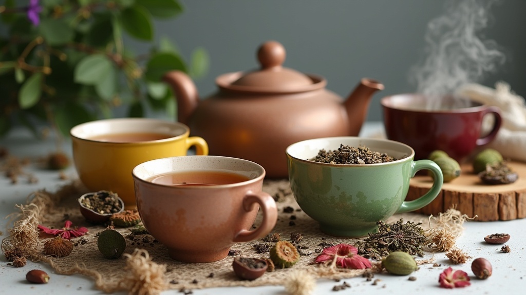 Assortment of herbal teas in ceramic mugs on a wooden table, surrounded by loose tea leaves, flowers, and herbs.