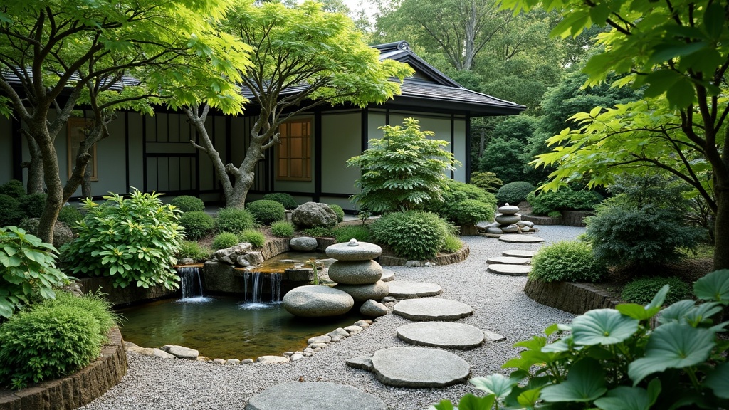 meditation garden with tranquil water feature, lush greenery, and Japanese style elements