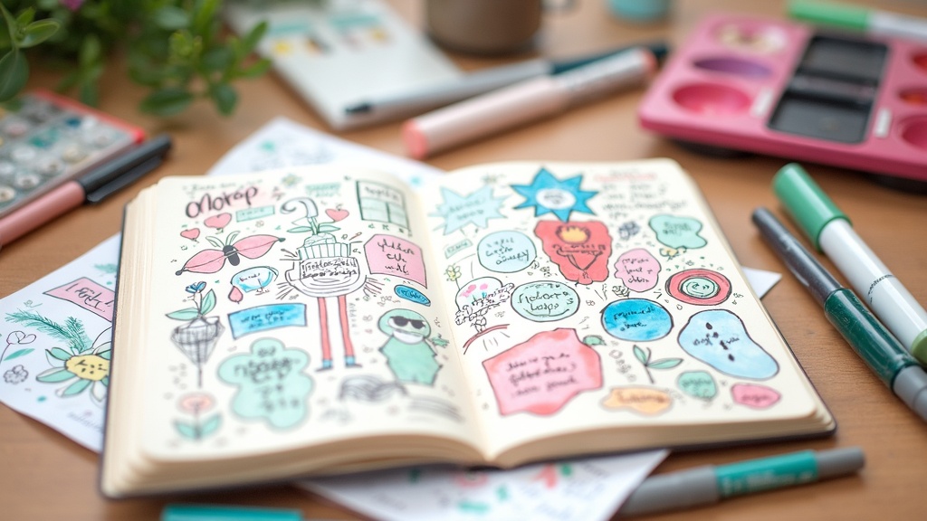 A colorful art journal open on a table, filled with doodles, watercolors, and handwritten notes, surrounded by art supplies like markers and paintbrushes.