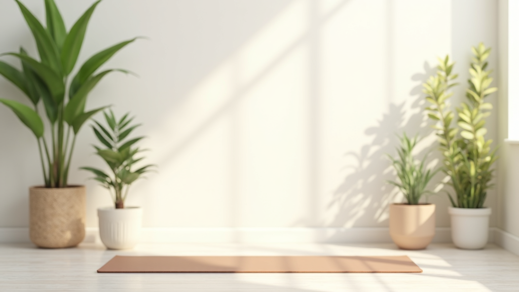 relaxing minimalist setting with soft light, plants, and a yoga mat