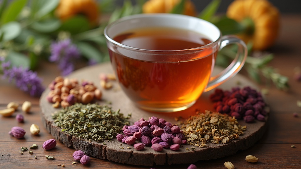 A cozy cup of herbal tea surrounded by dried flowers and assorted tea leaves on a wooden surface