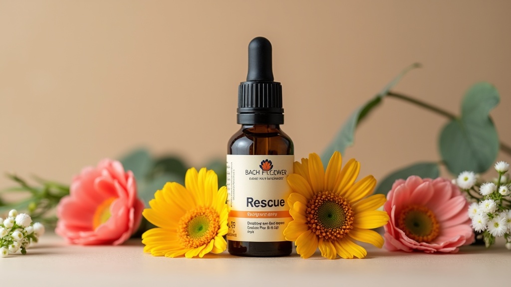Rescue Remedy Bach Flower bottle and flowers