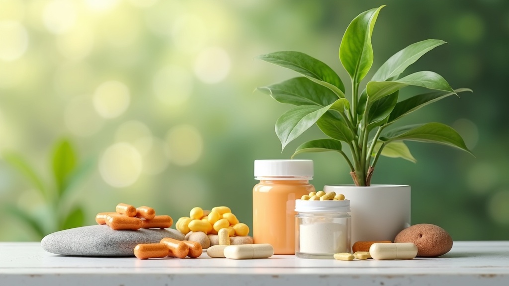Assortment of colorful vitamin supplements and leafy green plants on a tranquil background