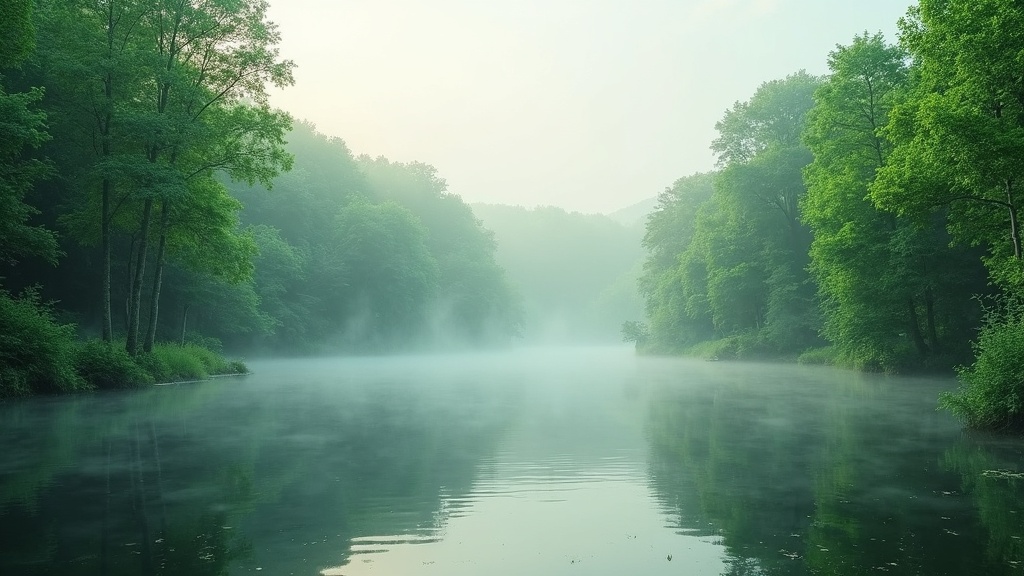 Serene landscape with a rippling pond and forest, symbolizing calm and stress relief.