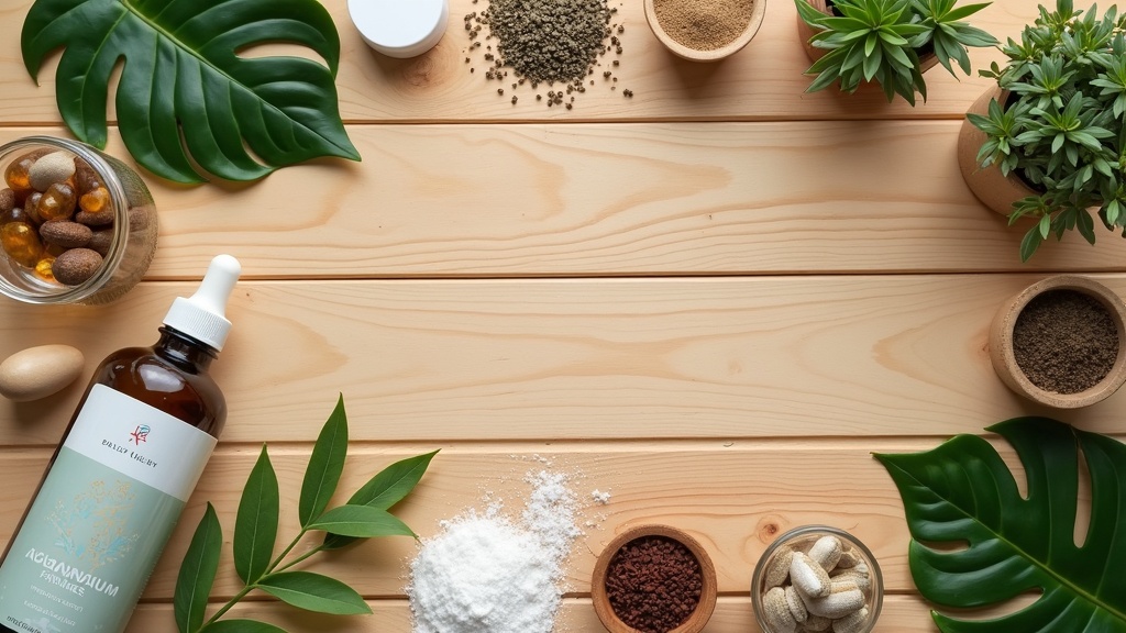 Herbal natural supplements and calming plants on a wood background