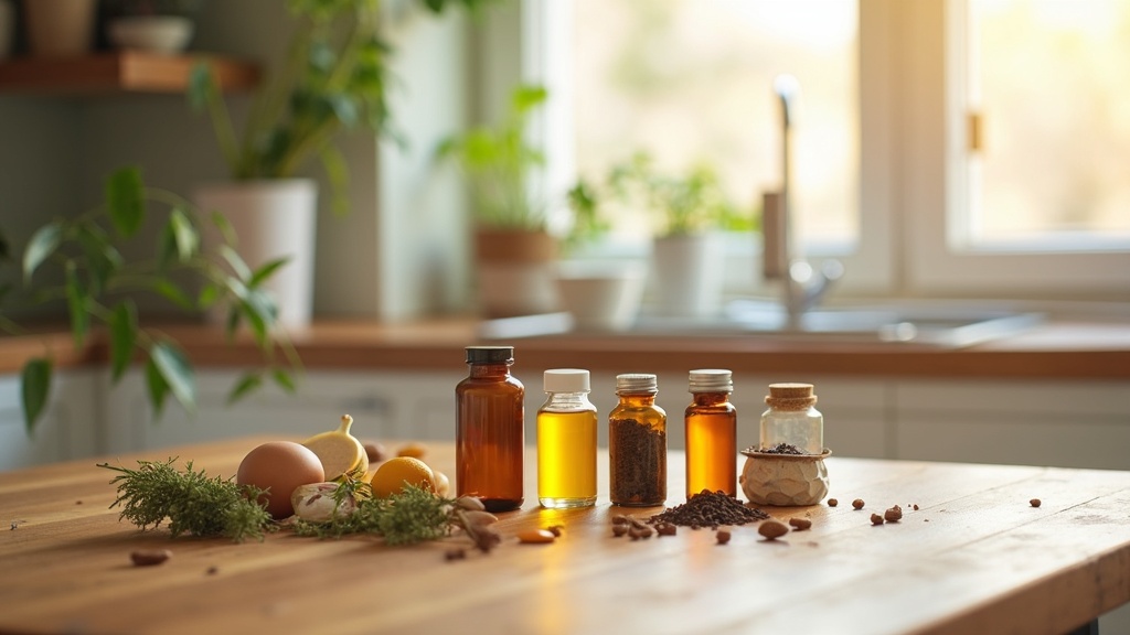 a variety of vitamin supplement bottles and stress-relieving herbs on a wooden table