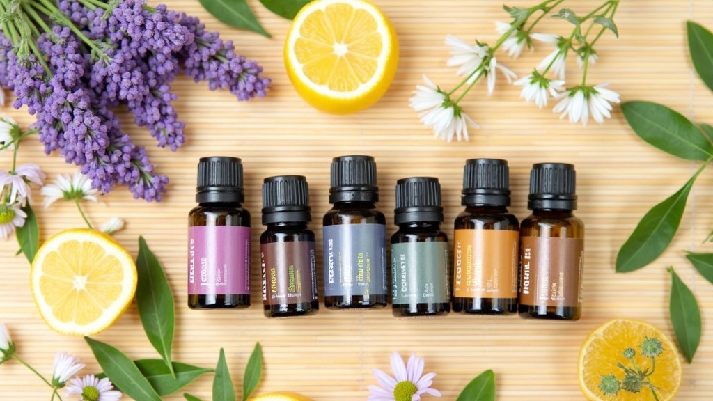Collection of different essential oils, bottles, and herbs on a calming background.
