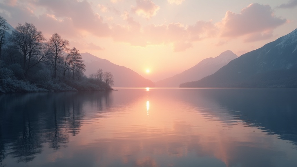 A tranquil landscape with a calm lake and soft sunset colors, expressing peacefulness and stress relief.