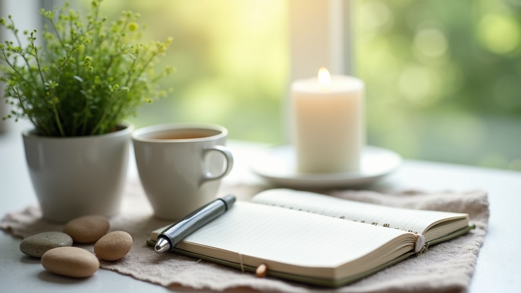 Collection of calming nature elements, such as green plants, a cup of herbal tea, smooth stones, and a journal arranged on a minimalist tabletop