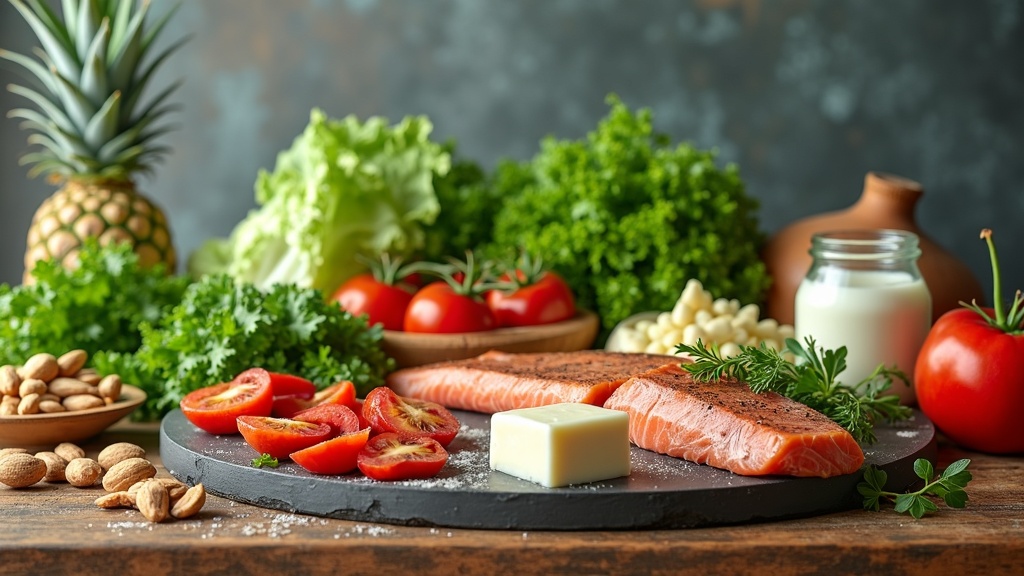 Illustration of a calcium-rich food selection, like dairy and leafy greens