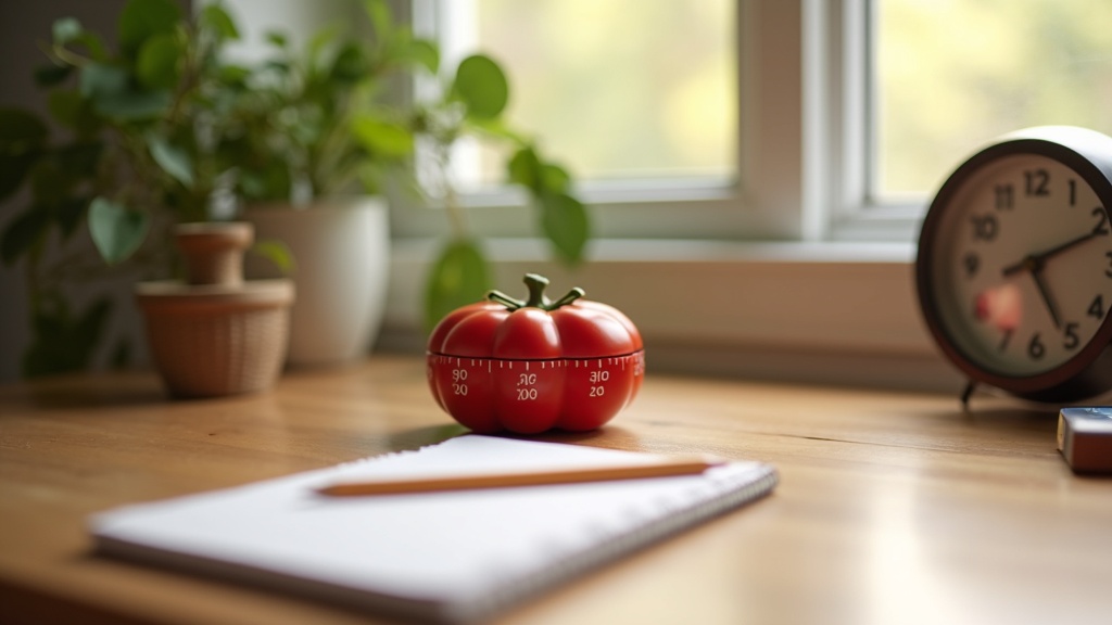 A tidy workspace with a classic tomato-shaped kitchen timer, notepad, and pencil on a wooden desk. Sunlight fills the room, and a small clock sits in the background.