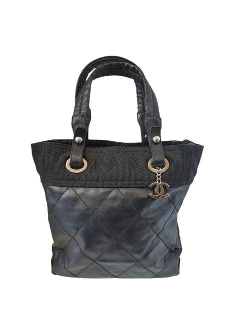 Chanel black quilted Canvas Paris Biarritz Tote silver hardware Chanel Pre-Owned | NERA PELLE E TESSUTOHARDWARE SILVER