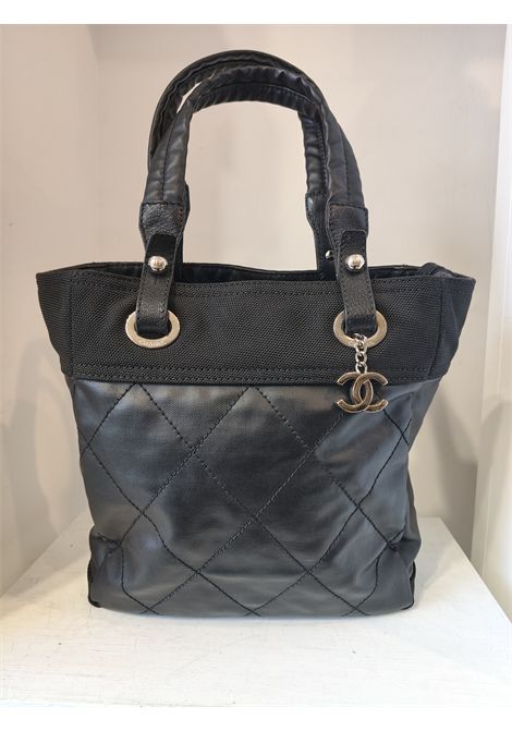 Chanel black quilted Canvas Paris Biarritz Tote silver hardware Chanel Pre-Owned | NERA PELLE E TESSUTOHARDWARE SILVER
