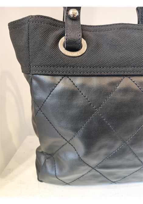 Chanel black quilted Canvas Paris Biarritz Tote silver hardware Chanel Pre-Owned | NERA PELLE E TESSUTOHARDWARE SILVER