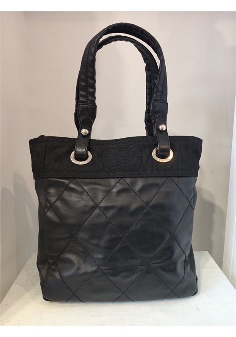 Chanel black quilted Canvas Paris Biarritz Tote silver hardware Chanel Pre-Owned | NERA PELLE E TESSUTOHARDWARE SILVER